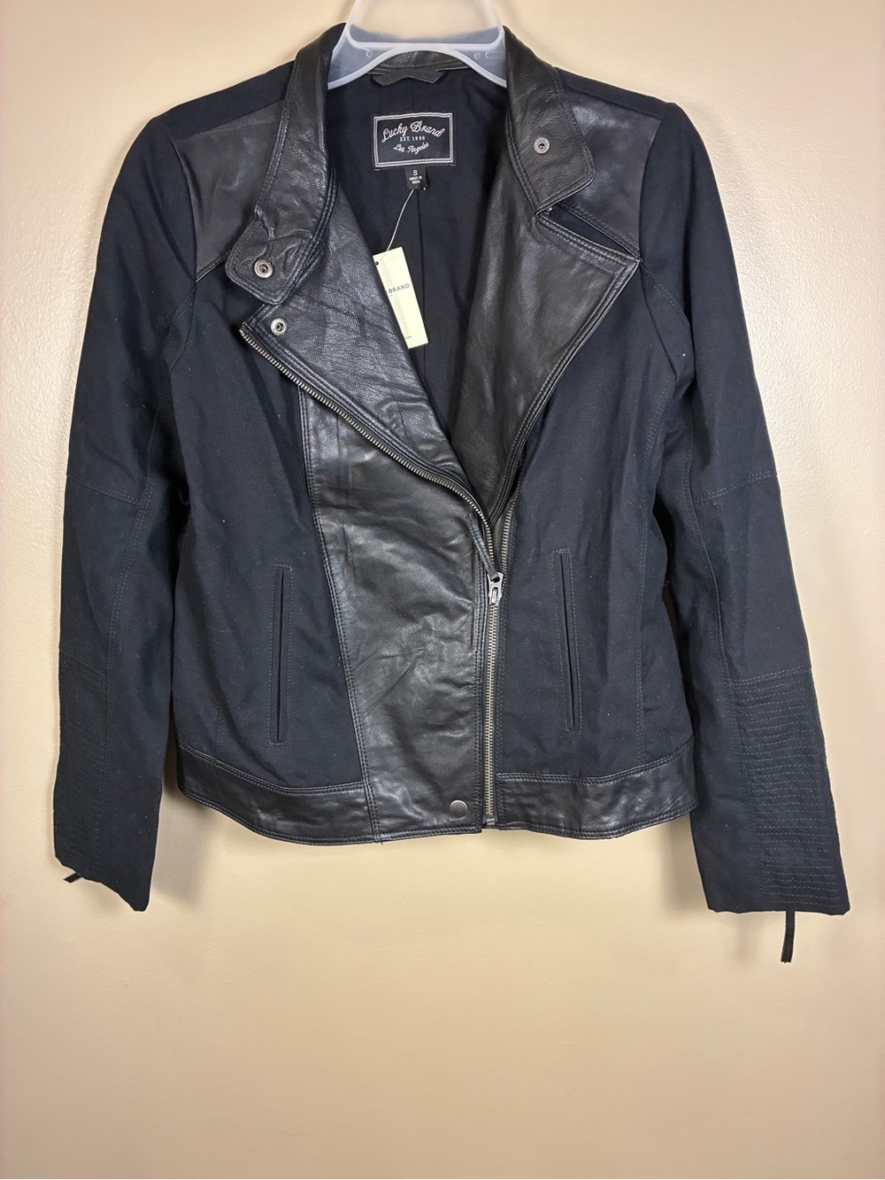 Lucky Brand Goat Leather Trim Moto Zip Up Jacket - Picture 2 of 13